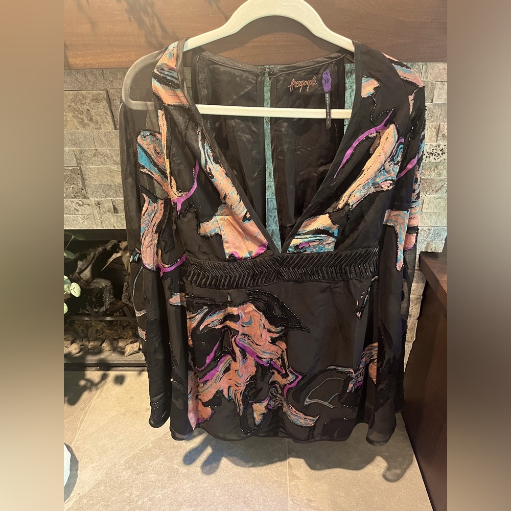 Free People Beaded Multi-Color Long Sleeve Mini Dress Size 4